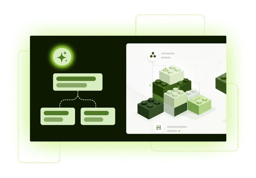 Abstract platform interface showing AI workflow and modular pricing components