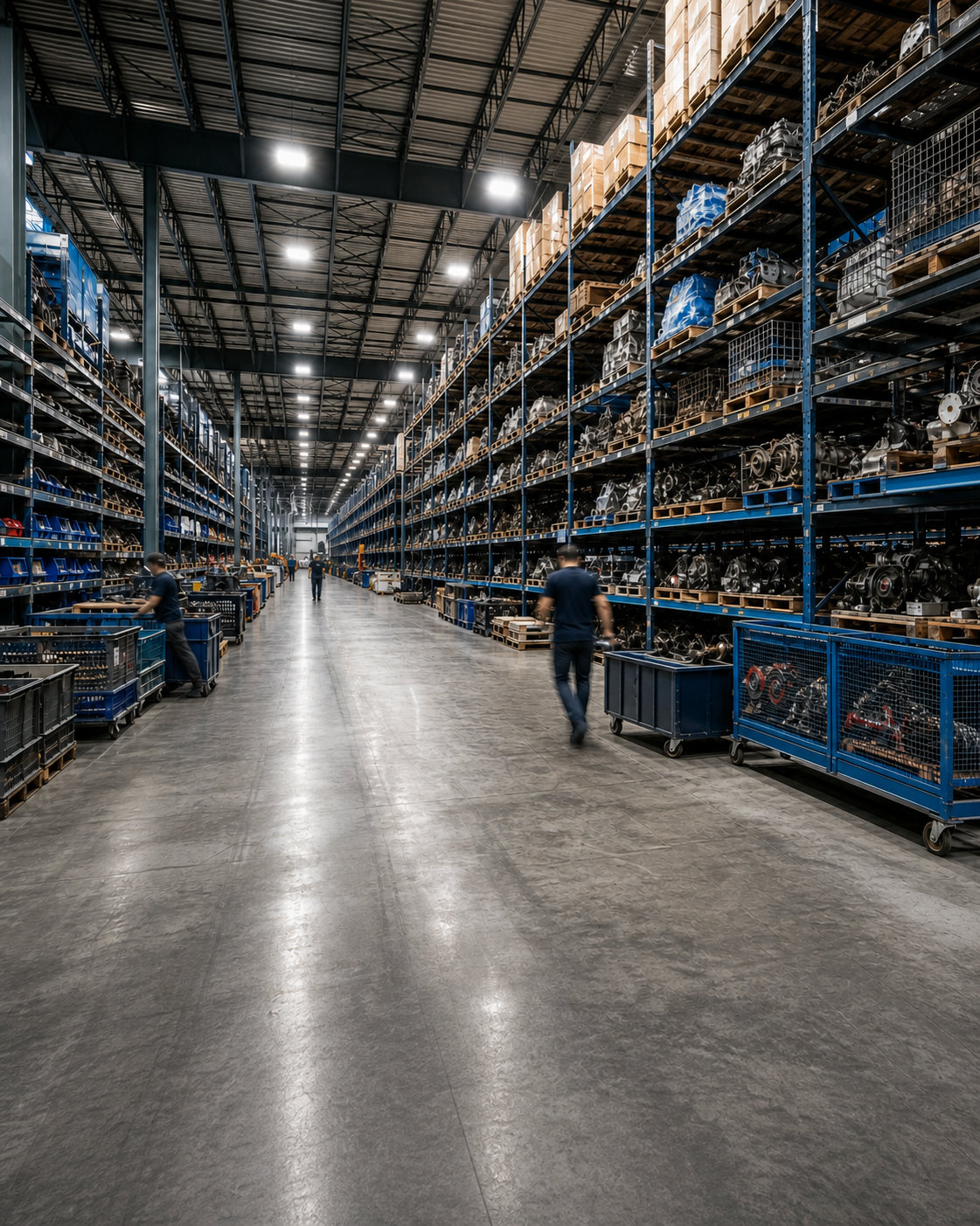 Auto Parts Warehouse Interior with People Moving Around