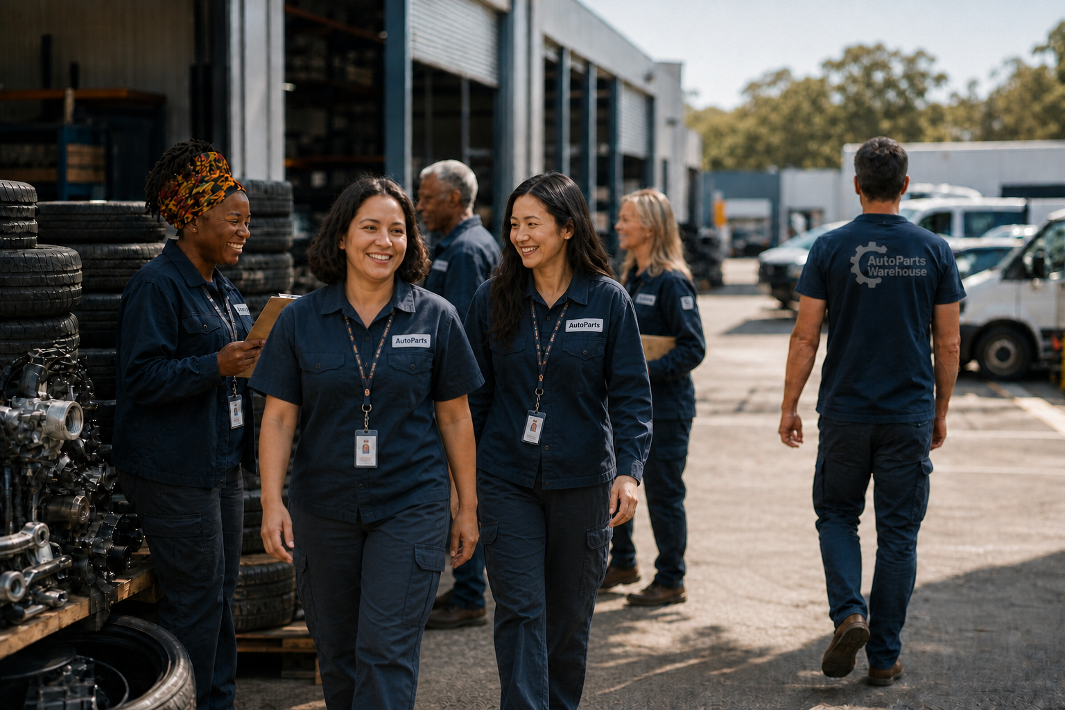 Employees Walking Toward Camera at Automotive Warehouse