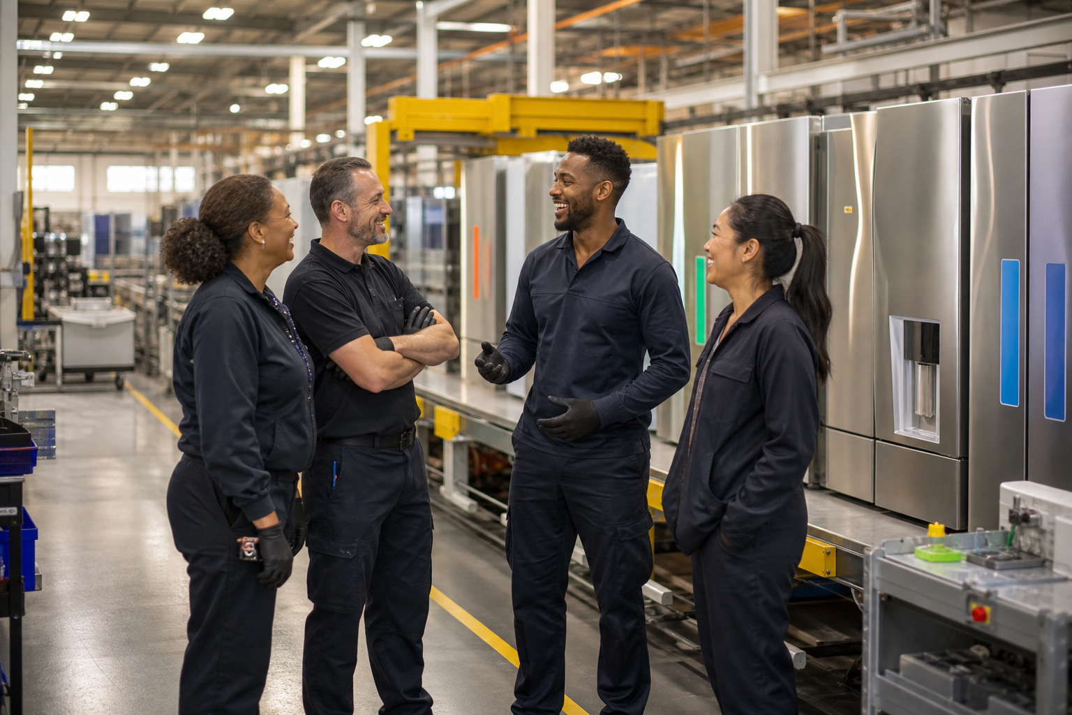 People Smiling Inside Manufacturing Building