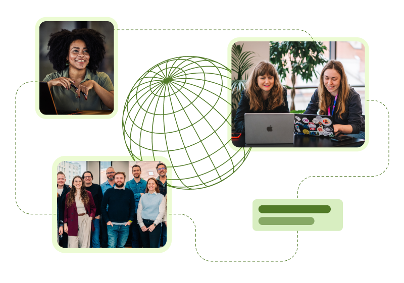 Collage of employees collaborating and team portraits connected by a globe motif