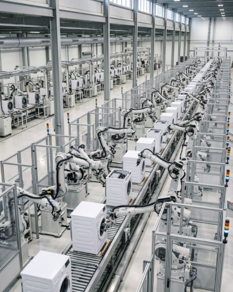 Aerial view of a bright, modern automated factory where rows of white robotic arms assemble white front-load washing machines along a long conveyor line