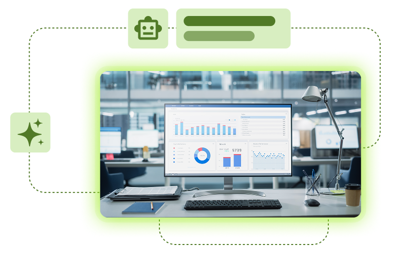 Analytics dashboard on a desktop monitor with AI summary and insights