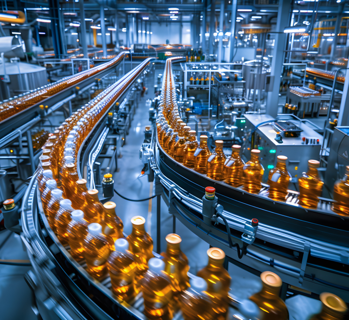 Beverage bottles moving through a high-volume production line-1