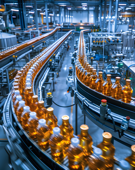 Beverage bottles moving through a high-volume production line
