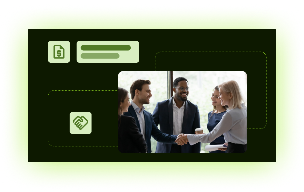 Business handshake between colleagues with contract and partnership icons