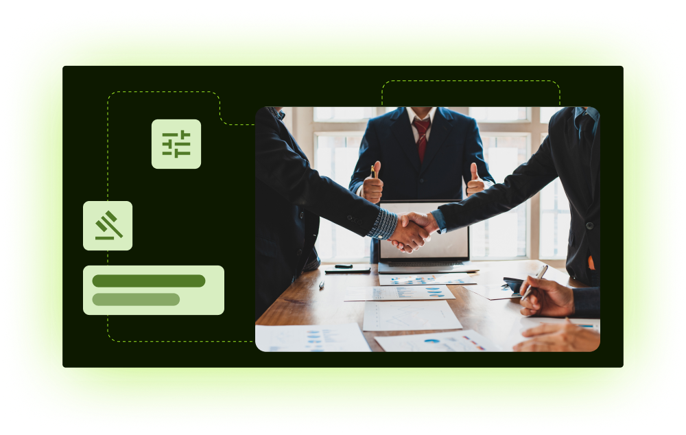 Business handshake over reports with approval and workflow icon