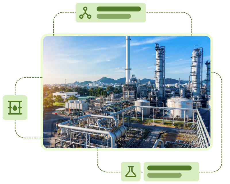Chemical plant with connected pricing, product, and lab data icons