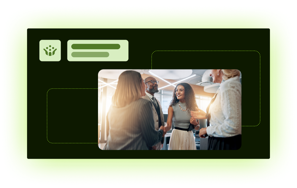 Colleagues networking in office conversation within branded layout