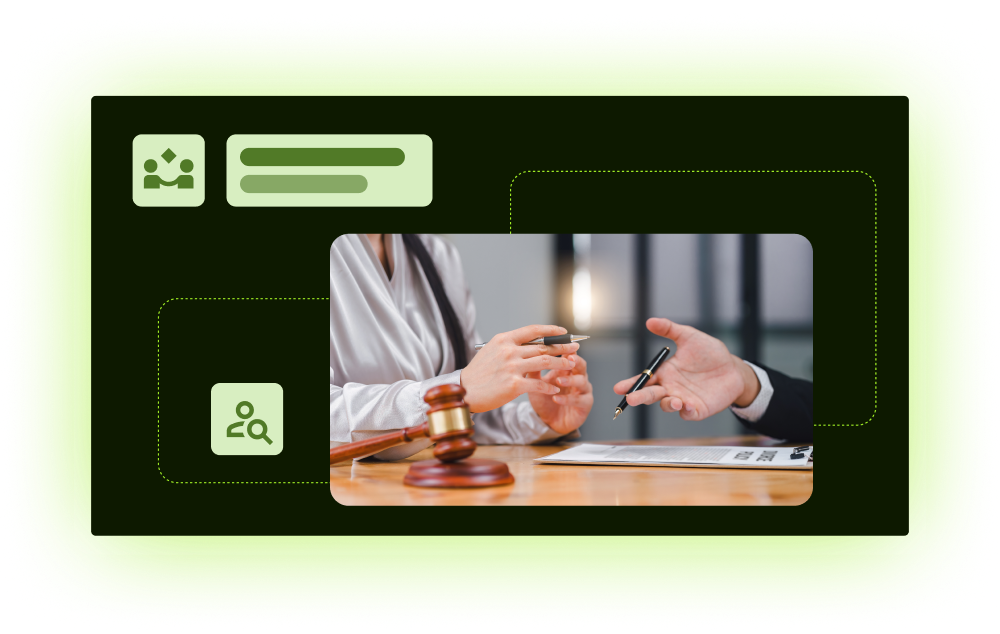 Contract signing scene with gavel and review icons