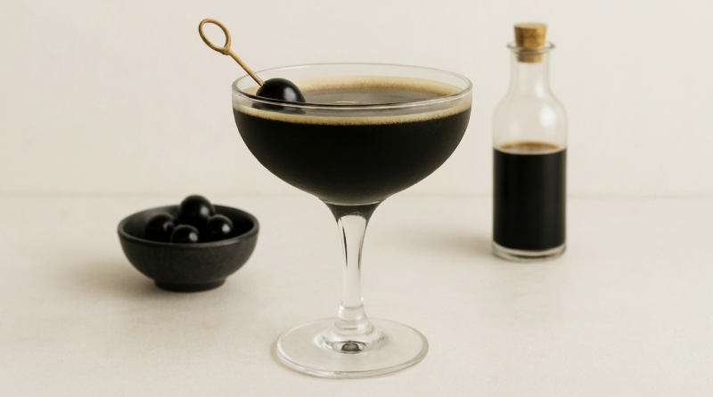 Espresso martini garnished with a cherry, with more cherries and coffee liqueur beside it