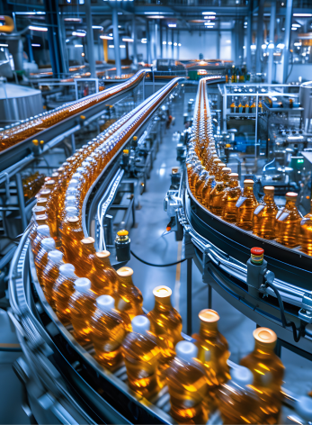 Beverage bottles moving through a high-volume production line