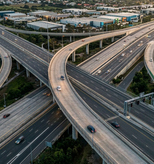 Aerial view of a multilane highway interchange connecting industrial and commercial districts
