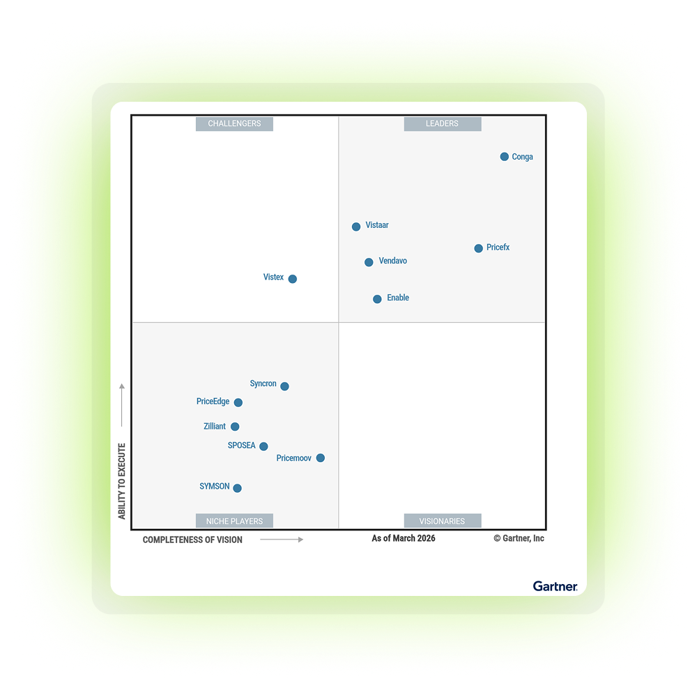 Gartner quadrant chart shows Pricefx in the Leaders quadrant for pricing software as of March 2026