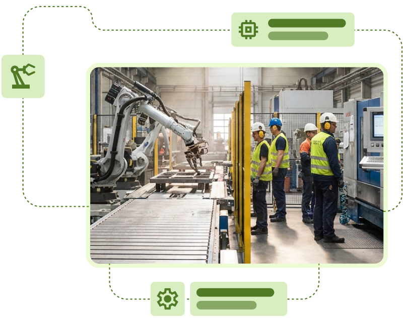Factory workers monitoring an automated production line with robotic machinery