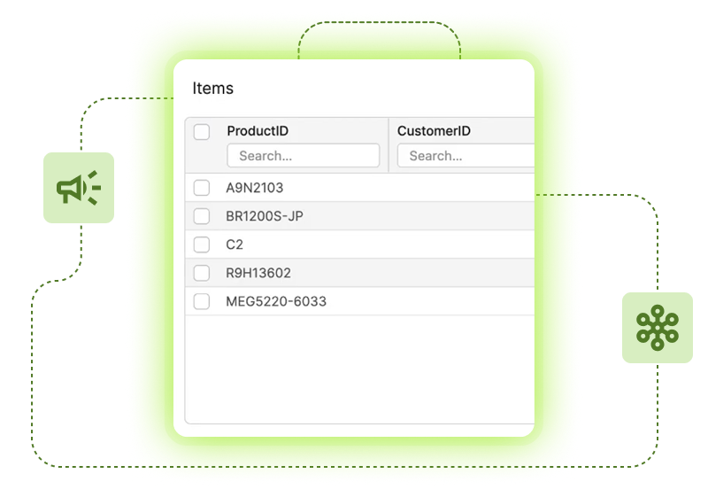 Items table with searchable ProductID and CustomerID columns and selectable product rows