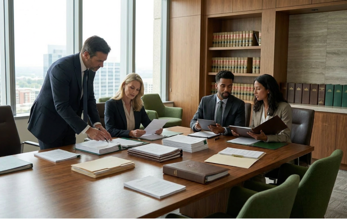 Legal team reviewing documents around a conference table in a law office