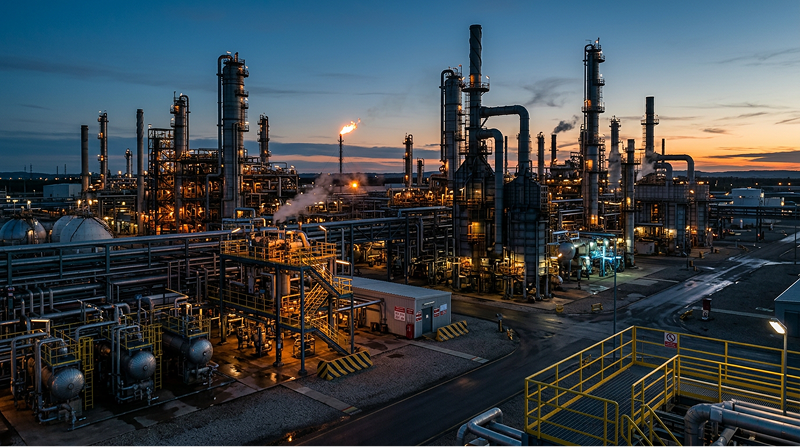 Oil refinery at dusk with illuminated processing towers, pipes, and flare stack