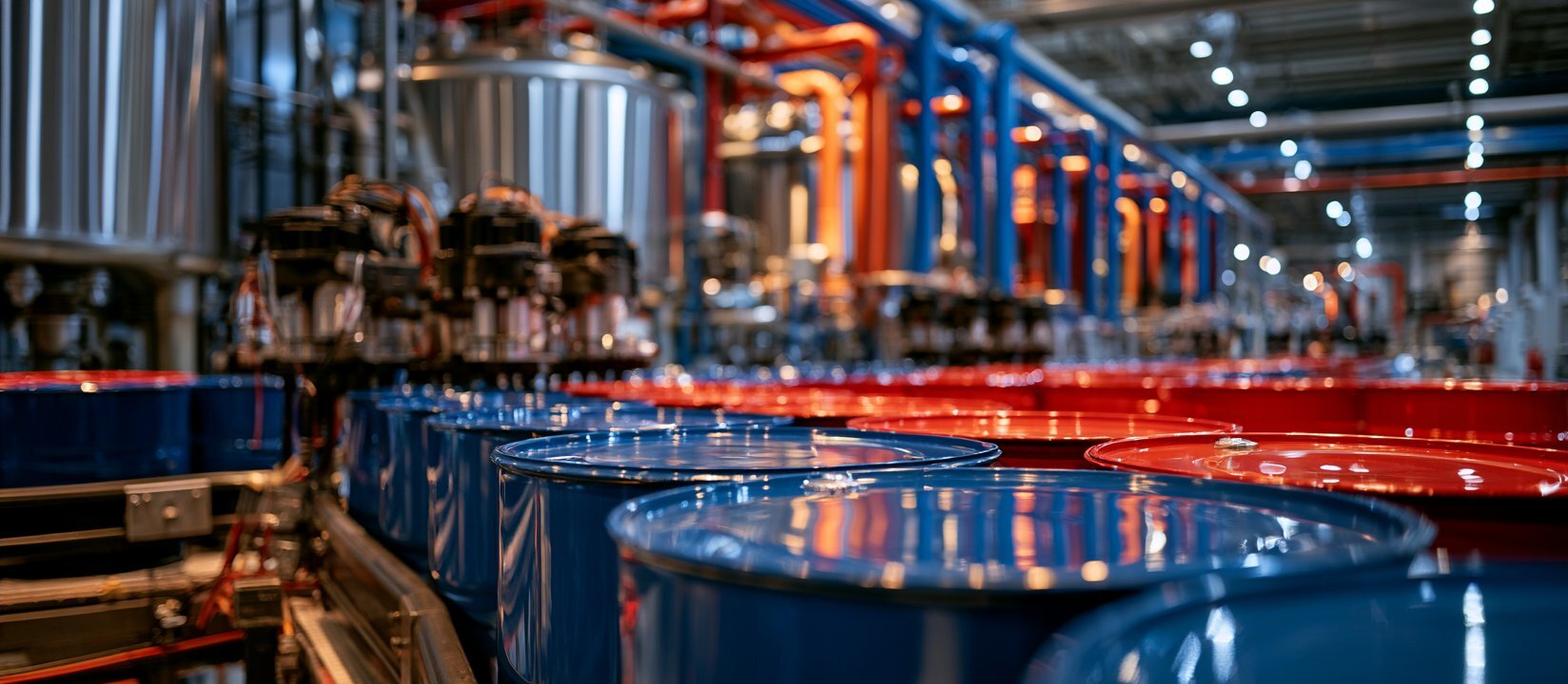 Rows of lubricant drums move through a blending plant filling line