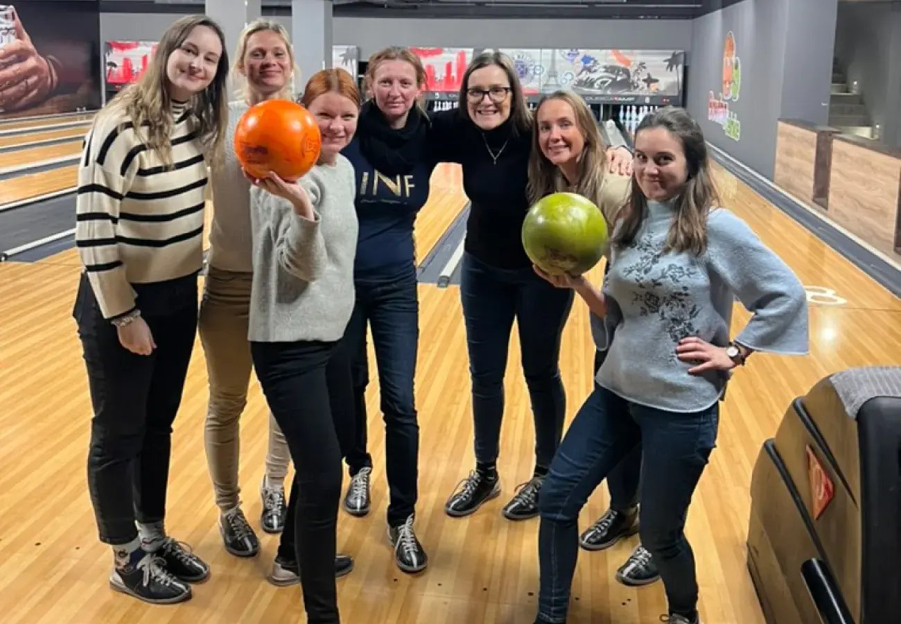 Pricefx employees bowling at a Ten Pin bowling alley in Prague 