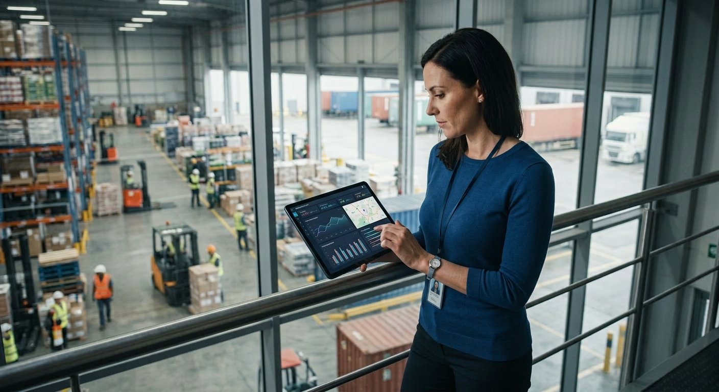 Business leader upstairs of distribution facility