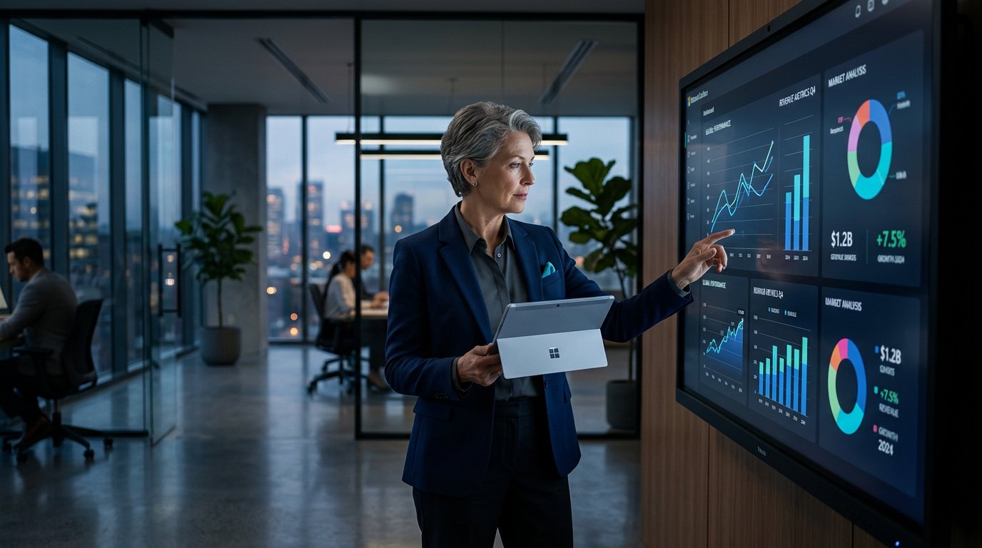 Female executive reviewing data on large touchscreen