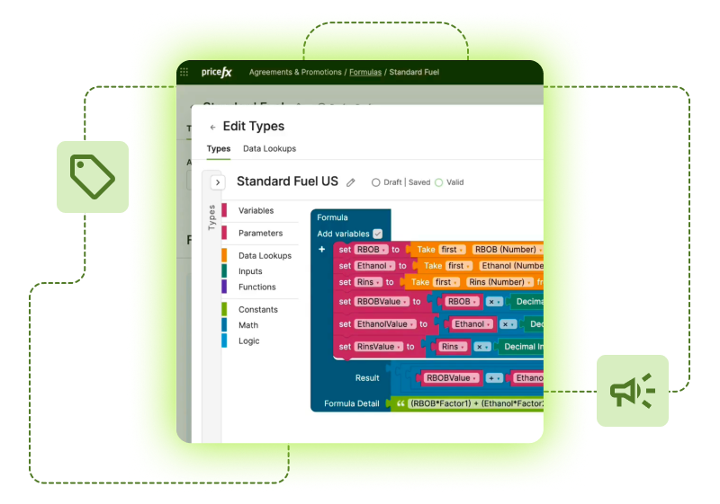 Pricefx Edit Types screen for Standard Fuel US with formula blocks for variables and calculations