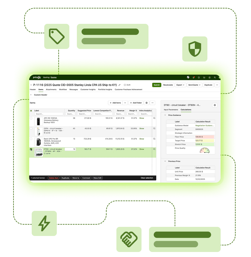 Pricefx quote screen with item list and price guidance panel for a selected product