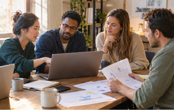 Pricing and data professionals collaborate around a laptop, printed charts, and notes at a shared desk in a warm, informal office