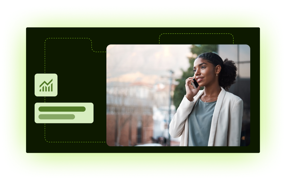 Professional on phone with growth icon in branded layout