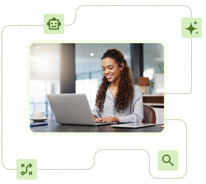 Professional working on a laptop surrounded by icons for AI, search, strategy, and quality-1