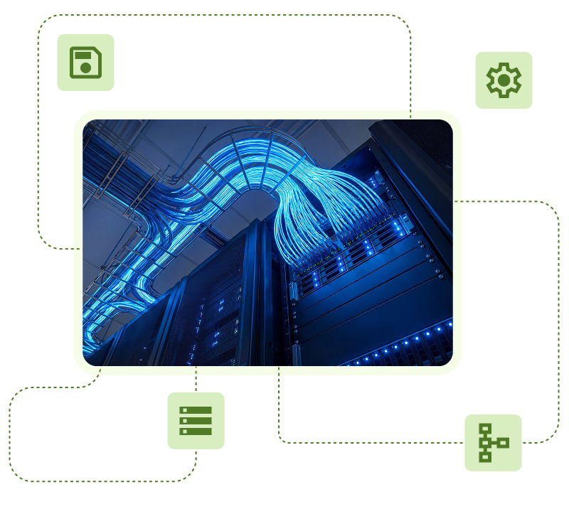 Server racks and network cables linked to document, storage, and integration functions-2