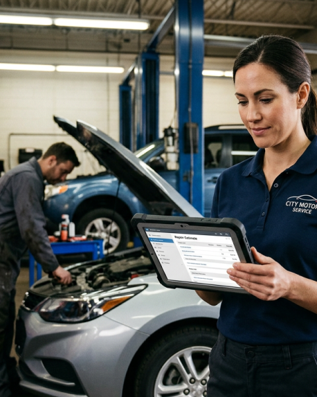 Service advisor reviewing a repair estimate on a tablet beside a car in an auto shop
