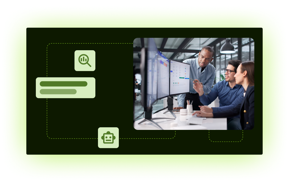 Team analyzing data on monitors with analytics and AI icons