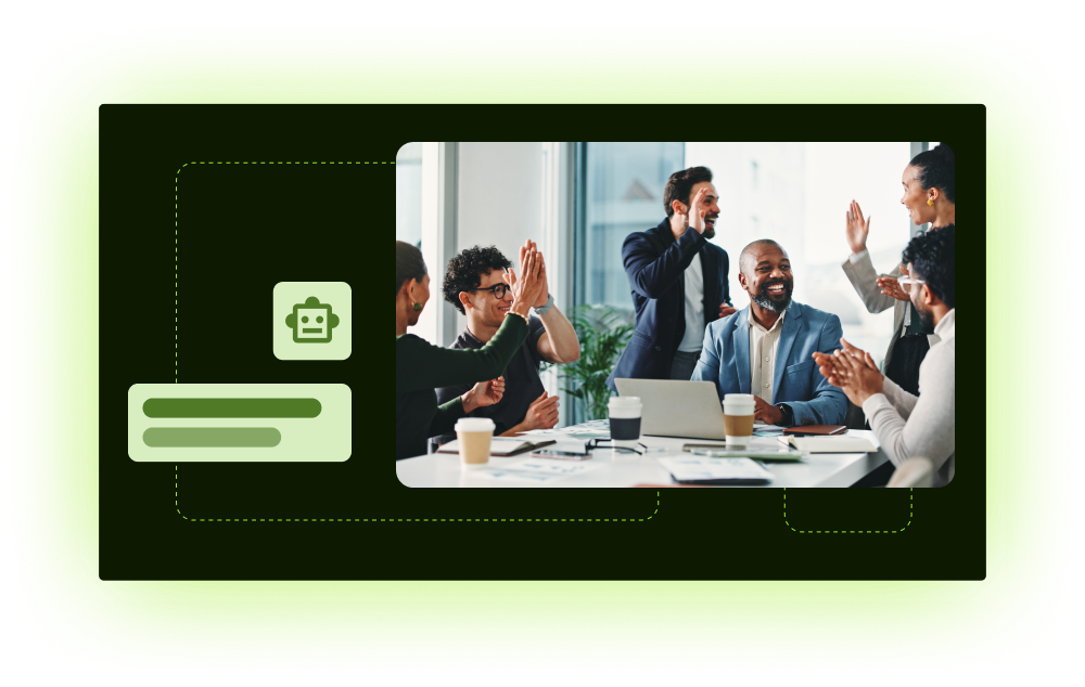 Team celebrating around laptop with AI icon in branded layout