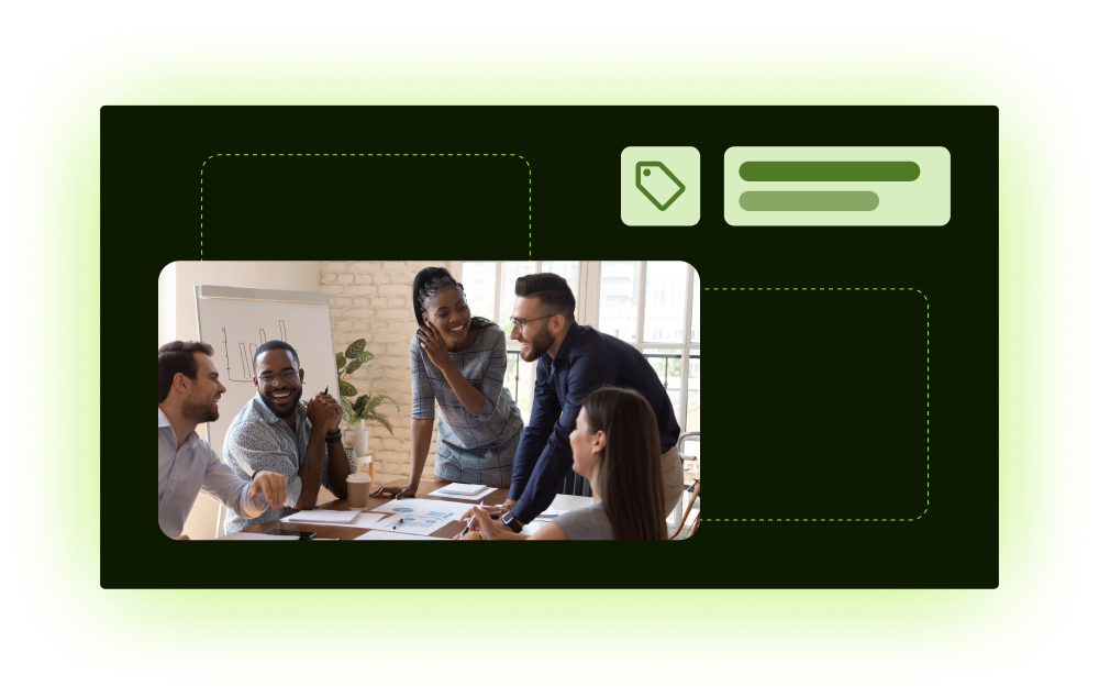 Team discussion around a table in a branded collaboration graphic