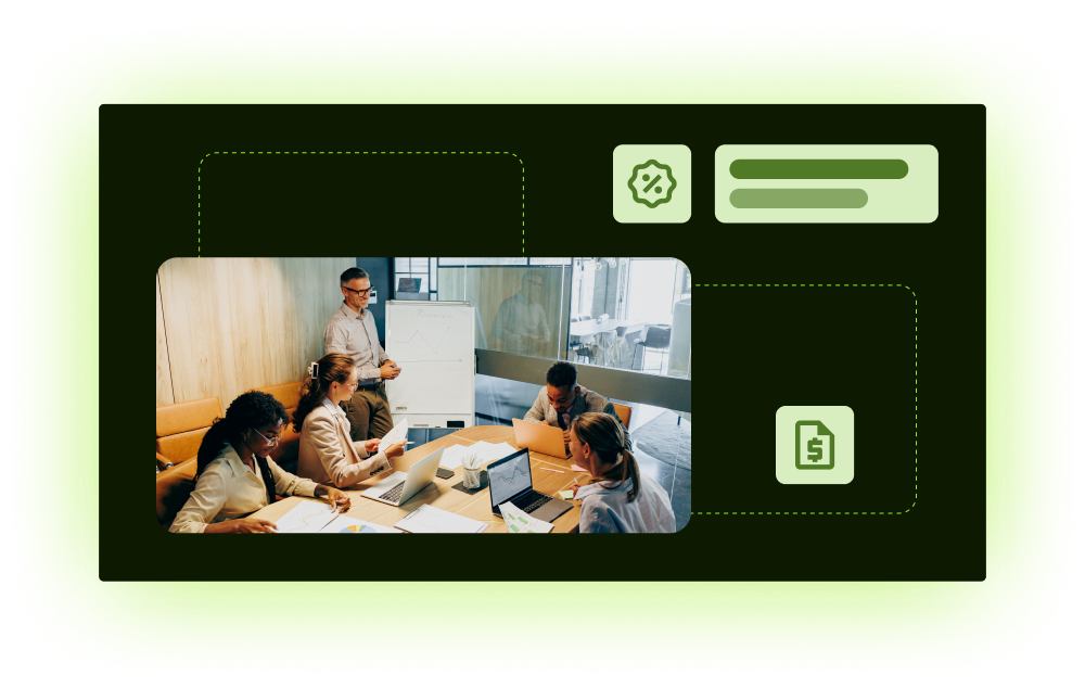 Team meeting around laptops with pricing and document icons