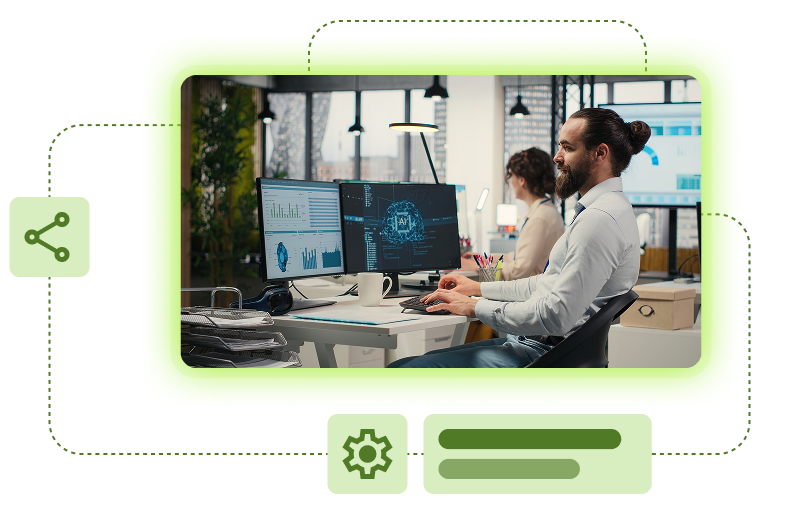 Team member reviewing AI and analytics dashboards with integration and automation tools