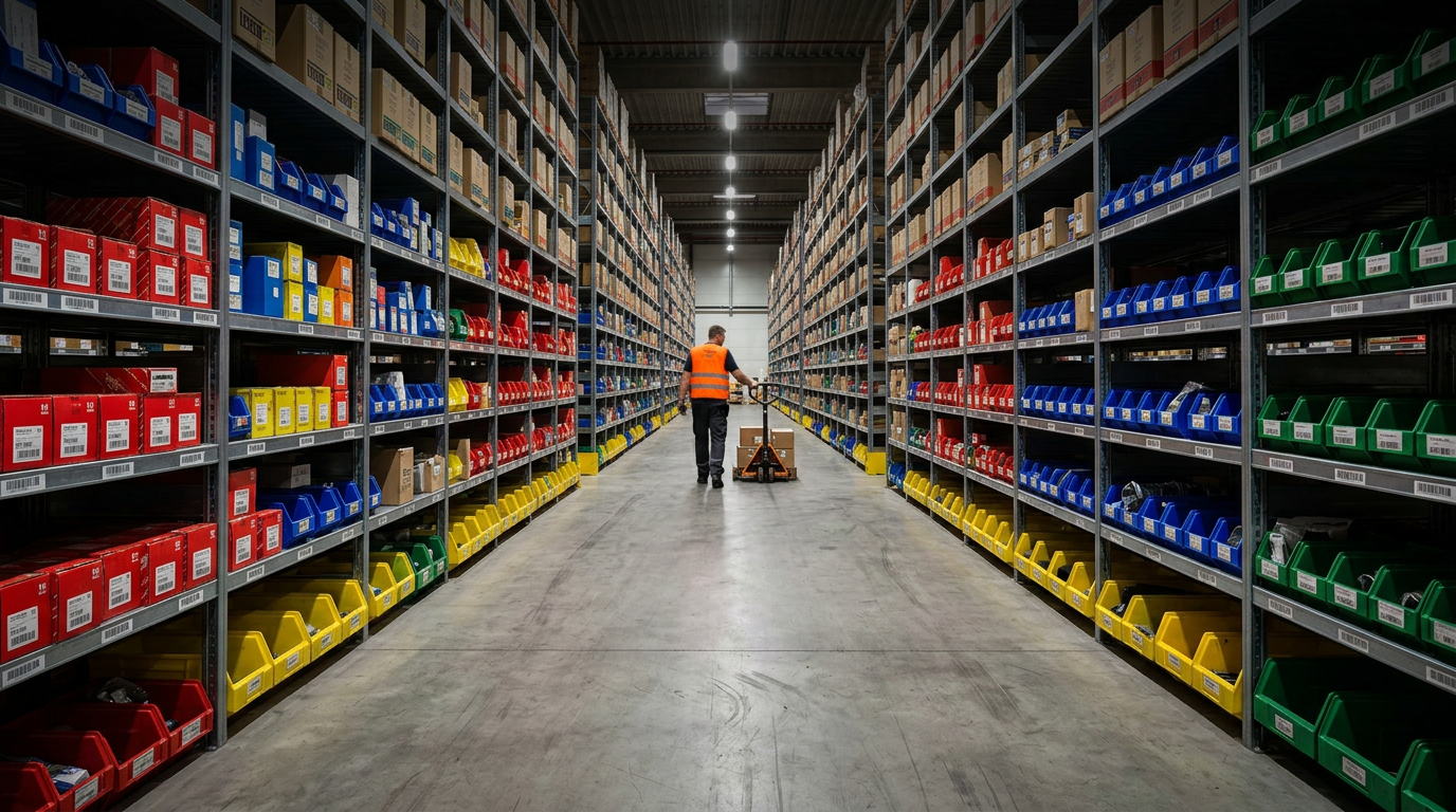 Warehouse worker moving boxed goods through a fully stocked distribution aisle