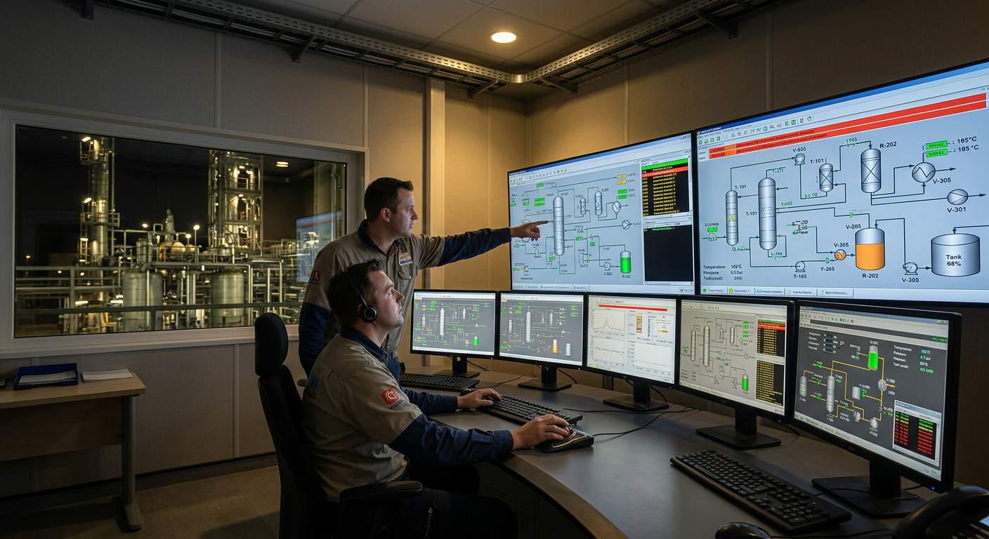 Engineers monitoring industrial process controls on wall and desktop screens