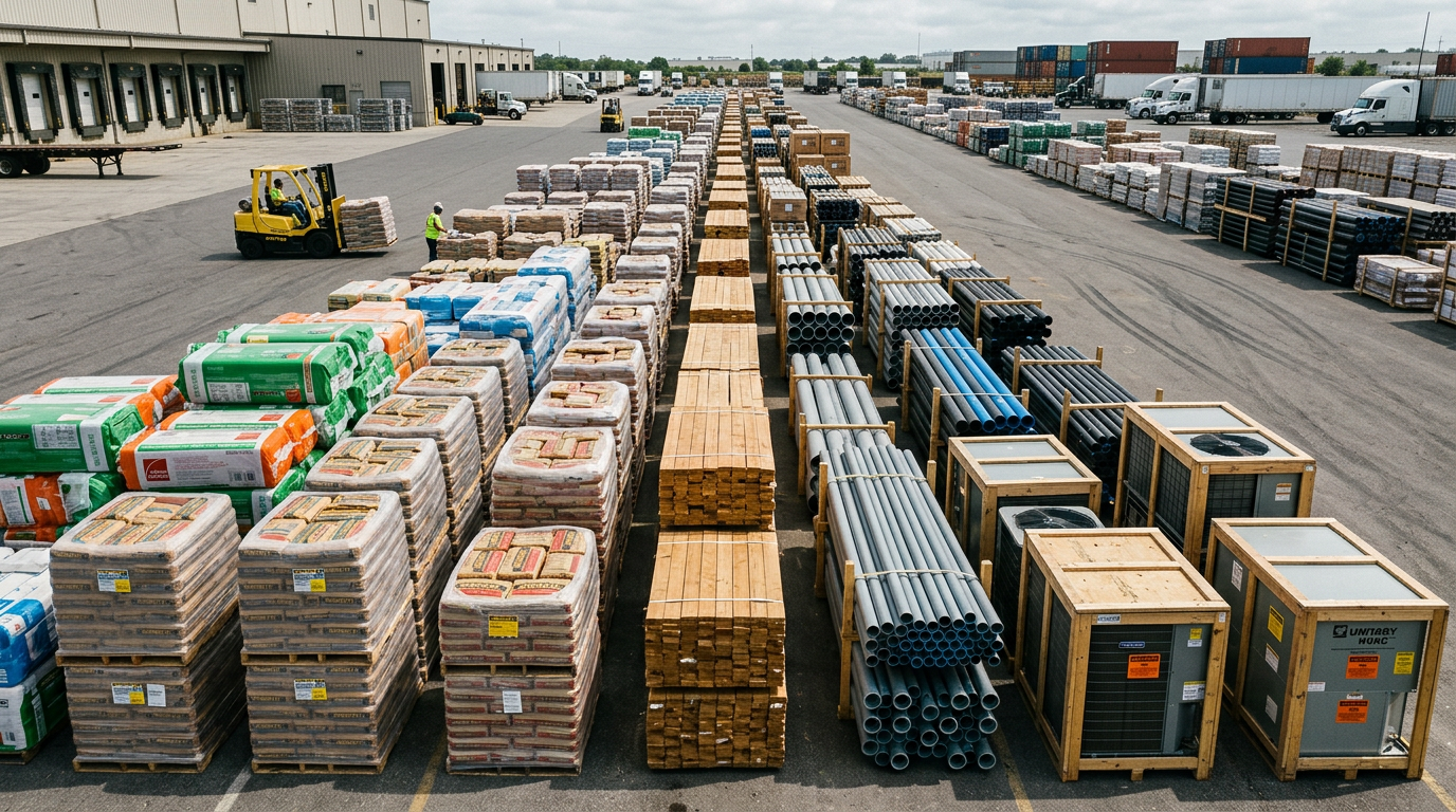 Warehouse yard with pallets of building materials staged for shipment beside a loading dock