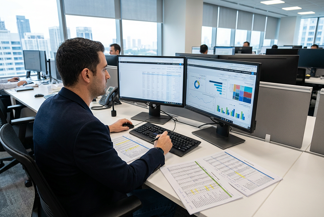 Professional reviewing pricing dashboards and spreadsheets at a dual-monitor workstation