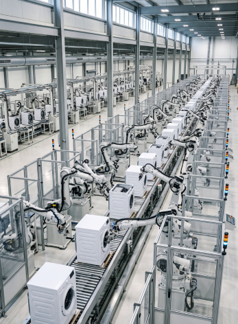 Automated factory line assembling appliances with industrial robots