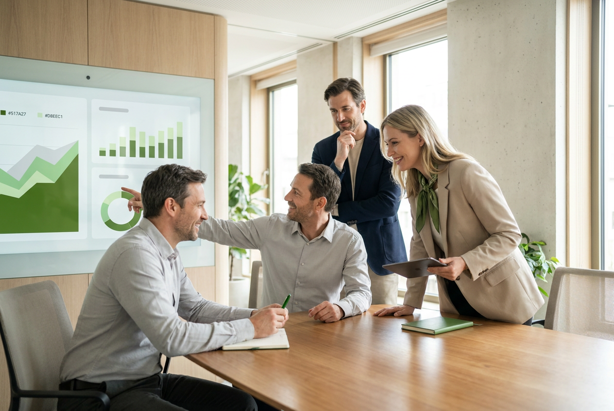 Team reviewing pricing analytics on a meeting room display