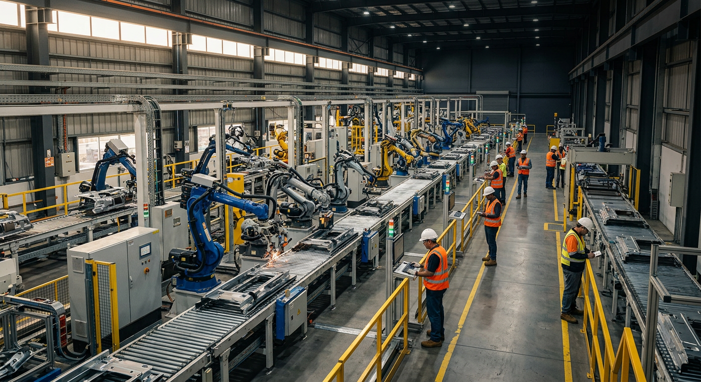 Worker monitoring an automated factory line with robotic arms assembling metal components