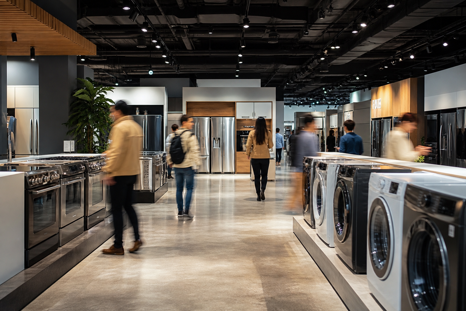 Showroom with Blurred People and Home Appliances