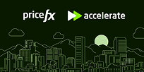 Accelerate banner gren with drawn cityscape and logo of pricefx and accelerate in green and white