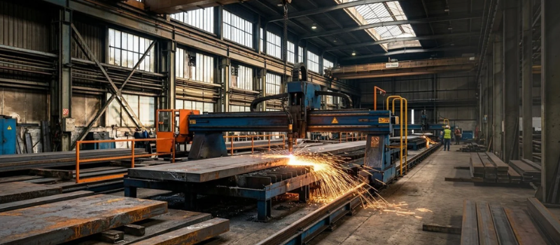 Automated cutting machine shaping large metal sheets in a factory