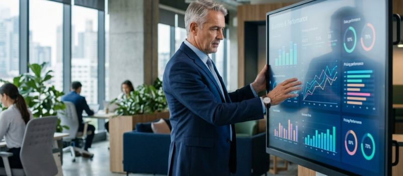 Business leader reviewing performance dashboards on a large display in an office