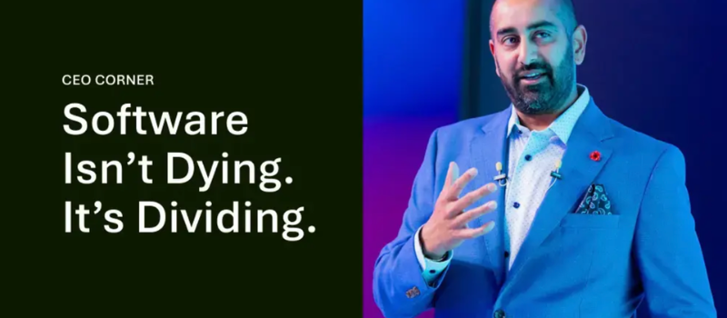 CEO Corner graphic with a speaker beside the headline Software Isn’t Dying. It’s Dividing.